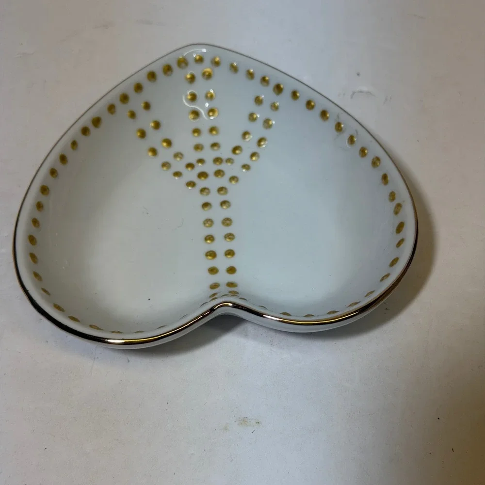 Pottery Barn Heart Trinket Dish White Ceramic Gold Dotted Peace Sign Decorative